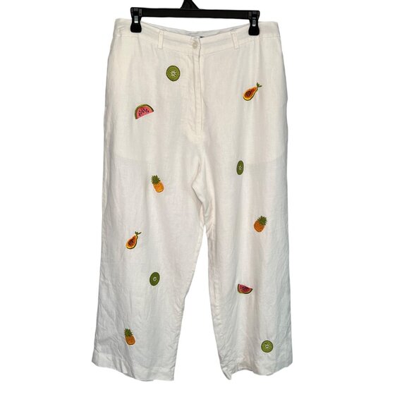 Jillian Jones Wide-Leg Linen Pants Cropped Women’s Sz 12 White Fruit Embroidery - Picture 1 of 15